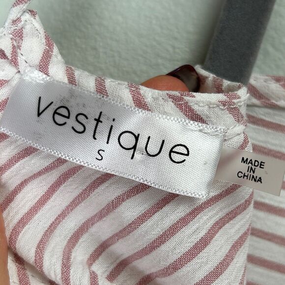 Vestique Pink White Pinstripe Top Ruffle Flutter Sleeve Blouse Open Tie Back S - Picture 9 of 11